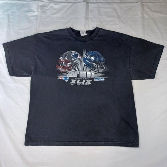 Super Bowl XLIX Men's Size 2XL Patriots Seahawks Black Majestic NFL T-Shirt 2015 - Picture 1 of 7